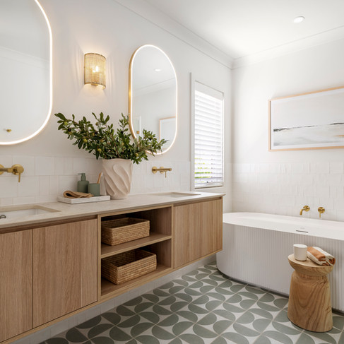 Ensuite bathroom with geometric patterned tiles, with oak timber twin sink vanity, freestanding bath