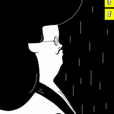 Cover design for Rainy Day Comix #1. Black and white illustration. Side profile of a man with luscious hair and a curly mustache, in a silk robe and sunglasses, staring pensively into a rainy night sky