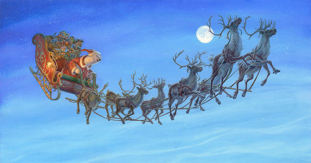 'Santa and Sleigh' watercolour illustration by Chris Dunn for the children's book 'The Night Before Christmas'.