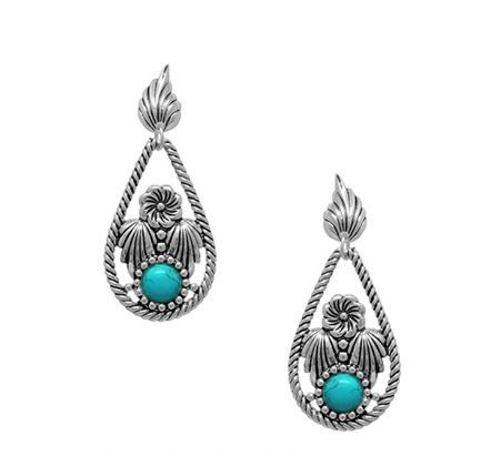 Flower w/Stone Teardrop Post Earring Burnished Silver Turquoise