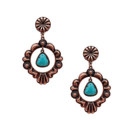Metal Concho Hoop w/Dangle Stone Post Earring Copper Turquoise
