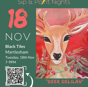 The Funky Easel is a Sip & Paint experience that will light you up & unearth your inner artistic creativity! It’s an experience which offers you the opportunity to unwind, have fun with friends (or on your own) and do something completely different, whilst enjoying a glass of your favourite tipple!
The doors are open all day, so plenty of time to order drinks and food if fancy a nibble before or after our session which starts is on
Tuesday 18th November 2025, at 7:00-9:00pm
Painting the"Deer Delilah"
You will be led by Becca a professional artist, guiding you step by step through the process, offering individual tips and guidance, to create a finished work of art to take home at the end of the evening. No experience is necessary, and all artistic abilities are welcomed. All materials are also provided for painting.
Whether you’re looking for an alternative date night or a ladies/ gent’s night out, The Funky Easel’s Sip and Paint is the perfect choice. Come & express yourself, creating a masterpiece you’ll be proud of. Our focus is on you having a great time!
We will be hosting this event at
The Black Tiles, Martlesham, Woodbridge, Suffolk IP12 4SP
We look forward to creating with you in an unforgettable artistic experience!