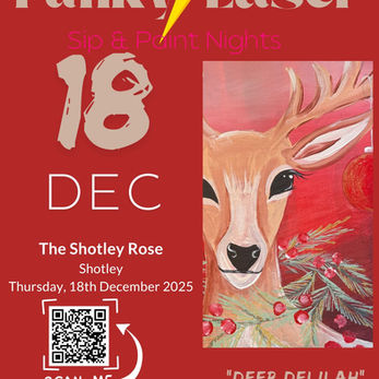 Join us for an evening of creative fun at Rose at Shotley painting Deer Delilah! Get ready to unleash your inner artist as we bring together a fun night out with Painting. This in-person event will take place on Thursday 18th December 2025 at 19:00 - 21:00GMT.
Grab your friends, unwind, and let your imagination flow as our talented instructors guide you step-by-step through the creation of a funky masterpiece. No prior painting experience is needed – just bring your enthusiasm and a desire to have a blast!
As you paint, enjoy a variety of refreshing beverages available for purchase at the venue. Whether you prefer a glass of wine, a beer, or a non-alcoholic option, we've got you covered! If you'd like to enjoy a meal before, the menu will be available from 17:00PM
Discover the joy of painting in a relaxed and friendly atmosphere. Our Sip & Paint Party is the perfect opportunity to express your creativity, meet new people, and take home a unique work of art that you can proudly display.
Don't miss out on this exciting event! Secure your spot today and get ready for a night filled with laughter, creativity, and good vibes.
