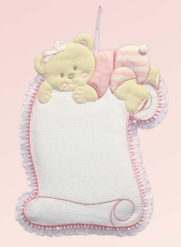FIOCCO NASCITA COCCARDA FUORI PORTA DA RICAMARE A PUNTO CROCE PERGAMENA ROSA