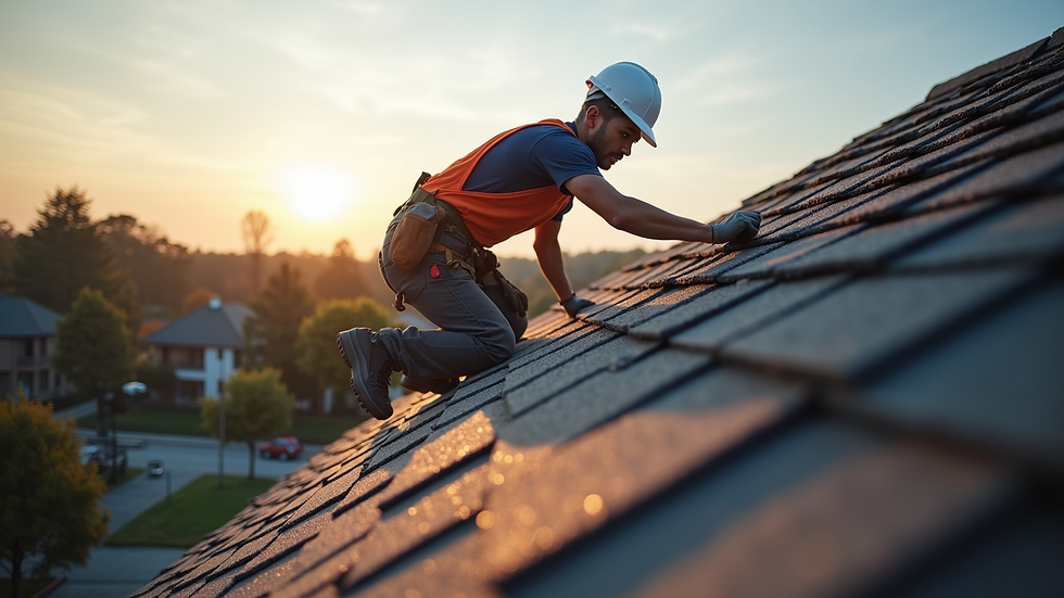 High angle view of roofing contractor inspecting a residential roof