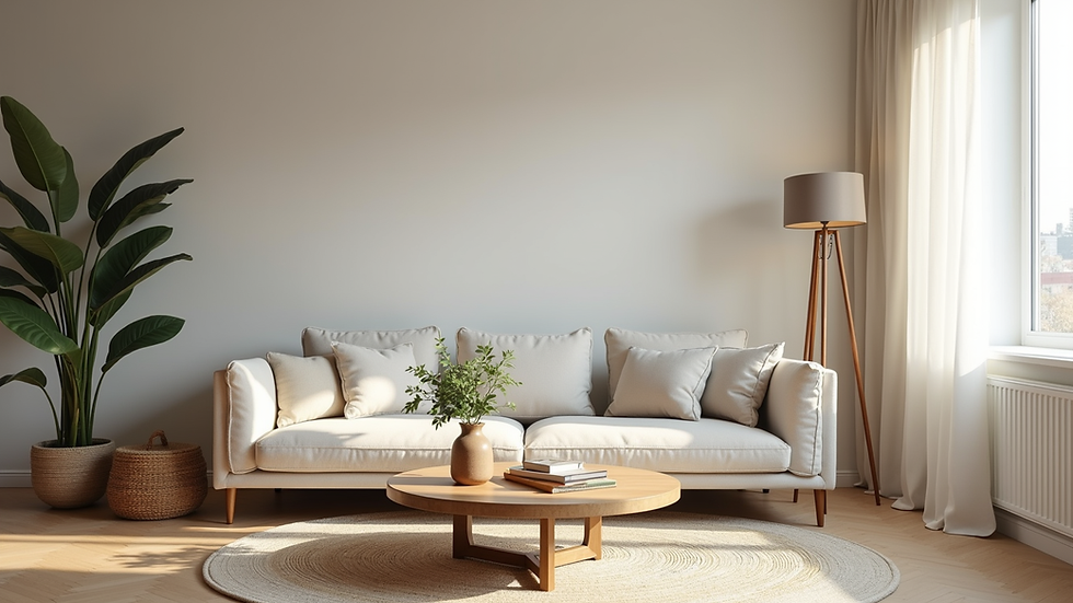 Eye-level view of a neatly arranged living room with minimal decor