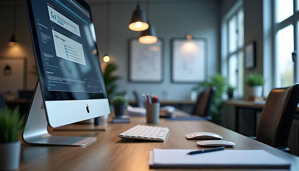 Eye-level view of a modern office workspace with digital marketing tools