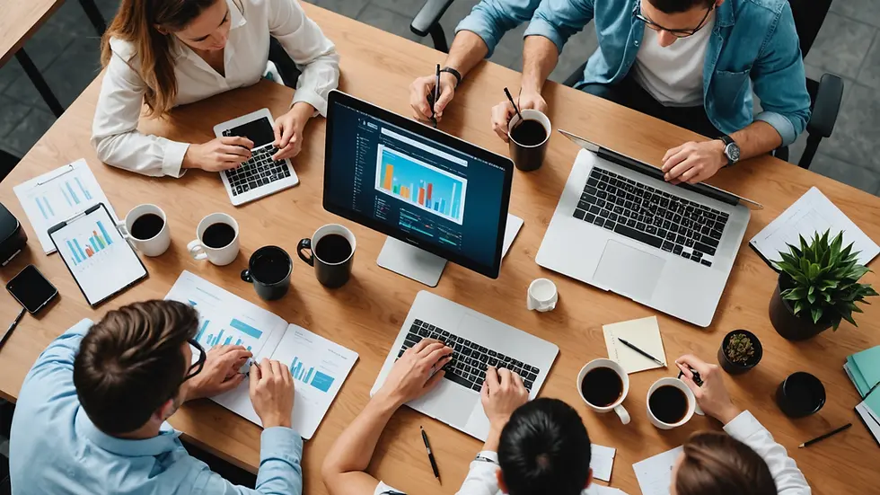High angle view of a digital marketing team analyzing data