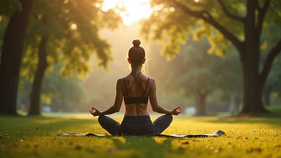 Eye-level view of a serene park with a person practicing yoga