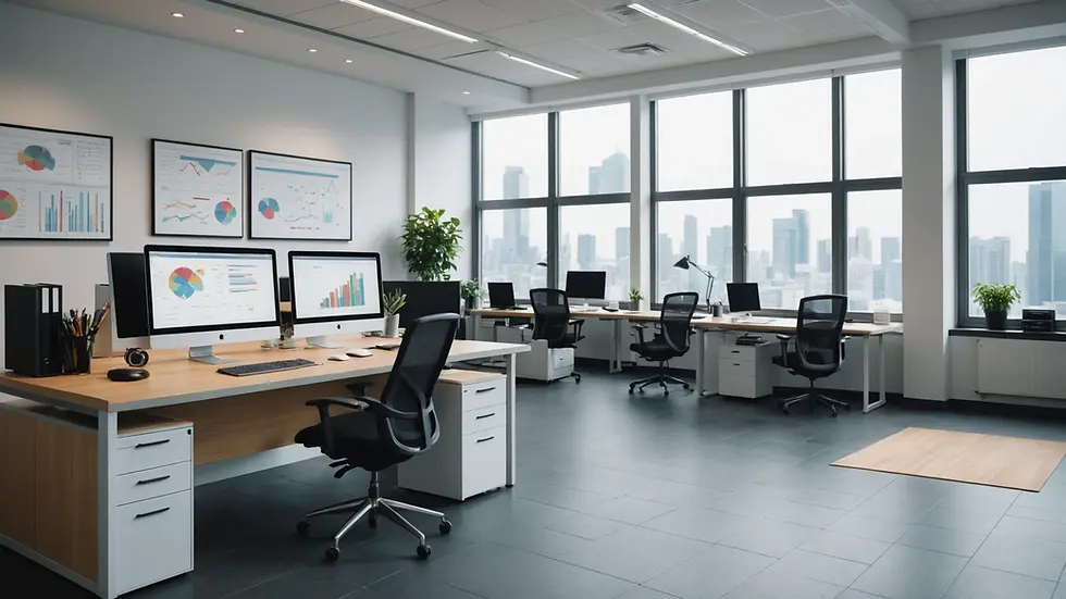 Eye-level view of a modern office workspace with marketing charts