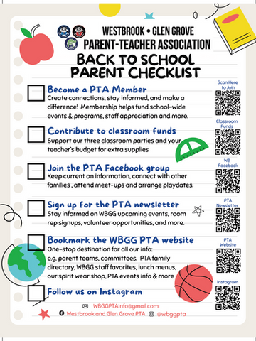 Checklist links including PTA membership, classroom funds, facebook and newsletter links