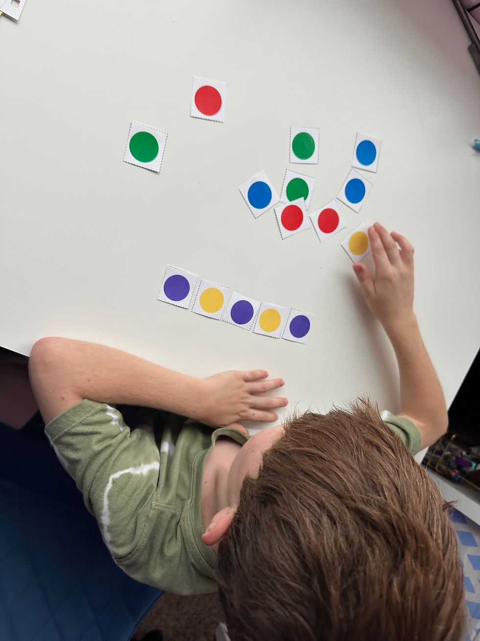 student creating a pattern with colored dots. purple, yellow, purple, yellow