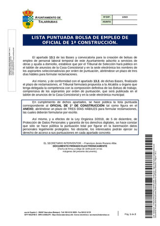 LISTA PUNTUADA BOLSA DE EMPLEO DE OFICIAL DE 1ª CONSTRUCCIÓN.