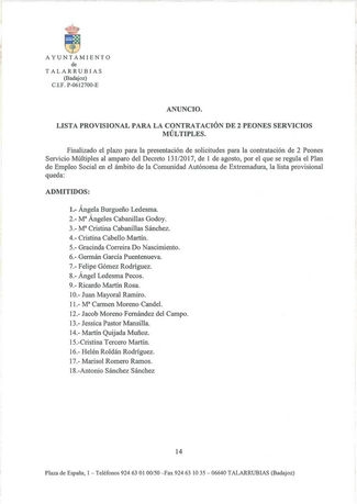 Anuncio: lista provisional para la contratación de 2 peones de servicios múltiples.