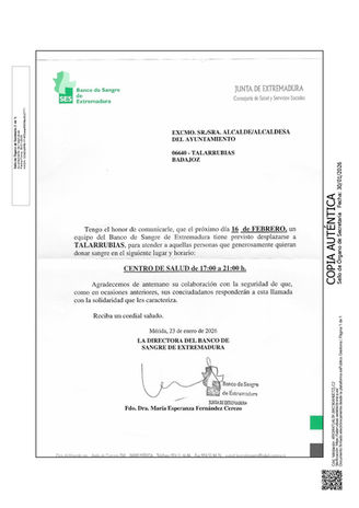 BANCO DE SANGRE EN TALARRUBIAS, 16 DE FEBRERO EN EL CENTRO DE SALUD. HORARIO: 17:00 A 21:00H.