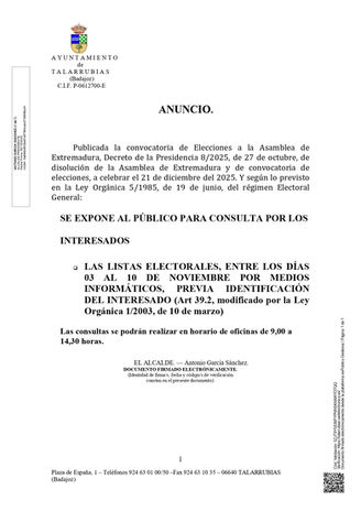 ANUNCIO EXPOSICIÓN PÚBLICA LISTA DE ELECTORES A LA ASAMBLEA DE EXTREMADURA.