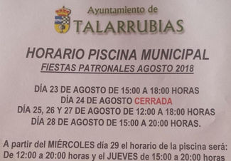 Horario de piscina municipal en las fiestas patronales.