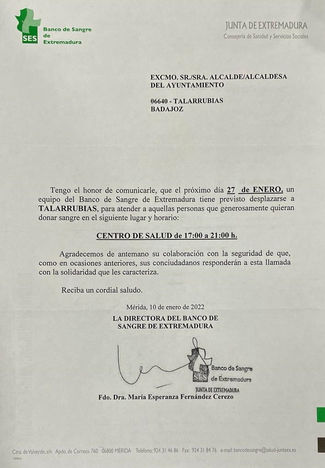 El Banco de Sangre de Extremadura se desplaza  el 27 de  Enero al Centro de Salud de 17:00 a 21:00 H