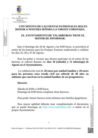 PARA LAS PEÑAS Y VECINOS QUE DESEEN PARTICIPAR EN EL SORTEO DE BARRERAS, SE INFORMA: