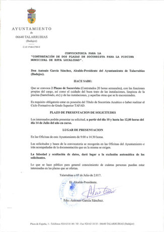 Contratación de dos plazas de socorrista para la Piscina Municipal.