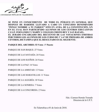 Resultado del concurso 'Ponle nombre a tu parque'.