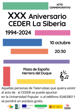XXX ANIVERSARIO CEDER LA SIBERIA. JUEVES, 10 DE OCTUBRE A LAS 20:30H EN LA PLAZA DE HERRERA DEL DUQUE. AQUELLAS PERSONAS QUE QUIERAN ASISTIR SE PODRÁ UN AUTOBUS GRATUITO, MÁS INFORMACIÓN LA UPT.