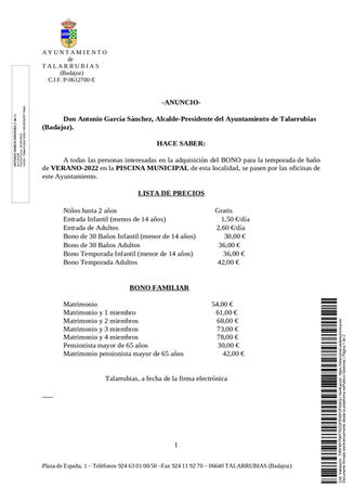 LISTADO DE PRECIOS PISCINA MUNICIPAL