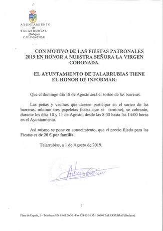 Anuncio Fiestas Patronales 2019.