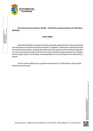 ADMISIÓN ALUMNOS CENTRO DE EDUCACIÓN INFANTIL "LA CIGÜEÑA".