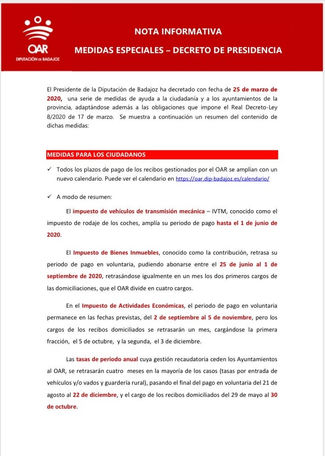 Nota informativa relativa a las medidas extraordinarias de carácter tributario adoptadas por la Dipu
