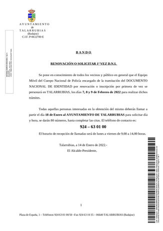 Renovación o solicitar 1ª vez D.N.I para los días 7, 8 y 9 de febrero. 