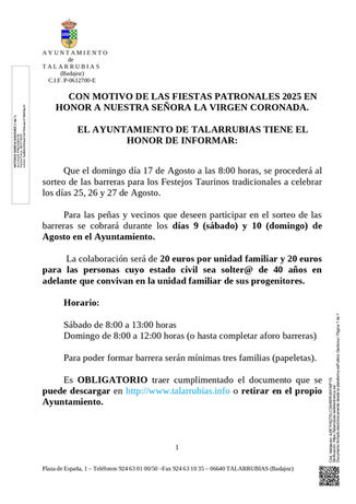 PARA LAS PEÑAS Y VECINOS QUE DESEEN PARTICIPAR EN EL SORTEO DE BARRERAS, SE INFORMA: