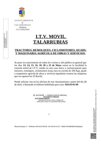 I.T.V MOVIL EN TALARRUBIAS LOS DIAS 13, 14, 15, 16, 19, 20 Y 21 DE MAYO. CITA A PARTIR DEL 28 DE ABRIL.