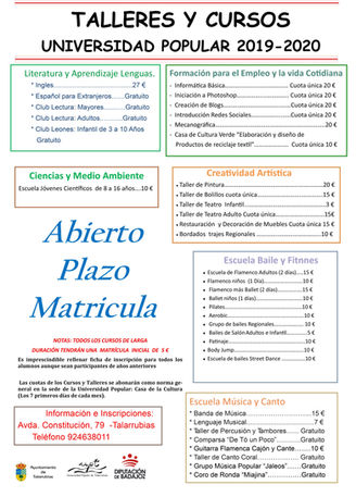 Talleres y cursos Universidad Popular 2019-2020.