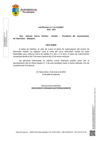 MATRICULA ABIERTA C.E.I "LA CIGÜEÑA"