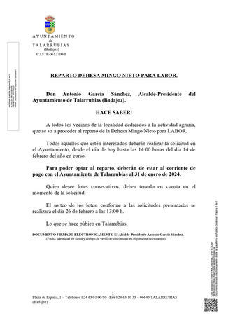 INFORMACIÓN DE INTERÉS: REPARTO DEHESA MINGO NIETO PARA LABOR.