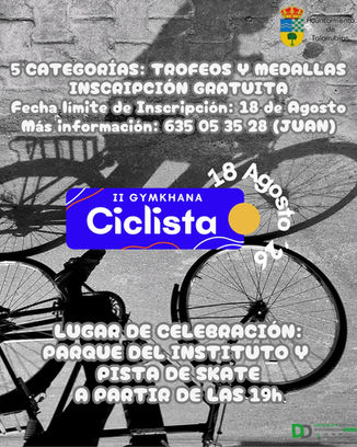 II GYMKHANA CICLISTA. MARTES, 18 DE AGOSTO A LAS 19:00H EN PARQUE DEL INSTITUTO Y PISTA SKATE. INSCRIPCIONES HASTA EL 18 DE AGOSTO.