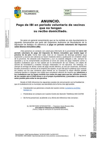ANUNCIO. PAGO DE IBI EN PERIODO VOLUNTARIO DE VECINOS QUE NO TENGAN SU RECIBO DOMICILIADO.