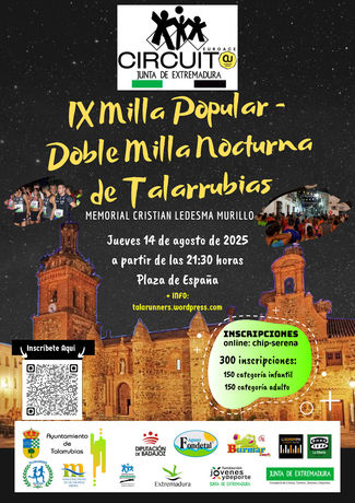 IX Millas Nocturnas de Talarrubias - Memorial Cristian Ledesma Murillo. Jueves 14 de Agosto, a partir de las 21:30h.