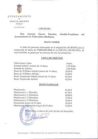 Anuncio: lista de precios piscina temporada 2018.