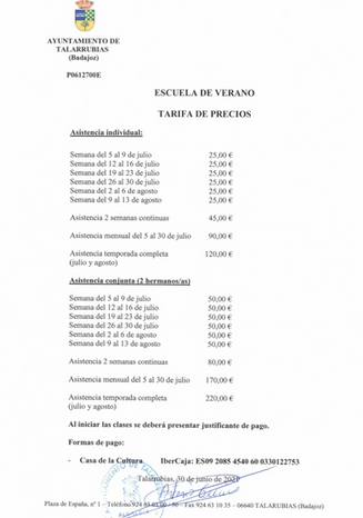 ESCUELA DE VERANO. TARIFA DE PRECIOS.