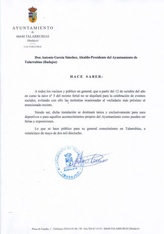 Anuncio sobre el uso de la nave 5 del recinto ferial.