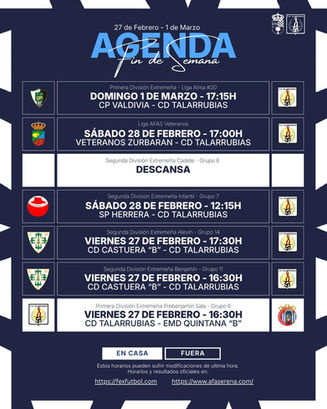 PARTIDOS DEL C. D. TALARRUBIAS PARA ESTE FIN DE SEMANA: