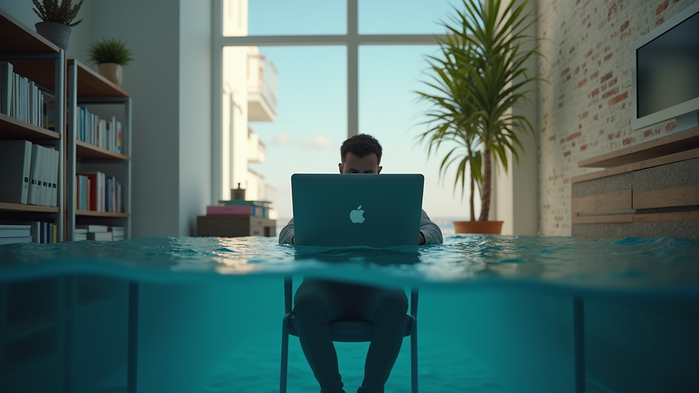 Vue en plongée d’un bureau avec un ordinateur affichant une page de storytelling de marque