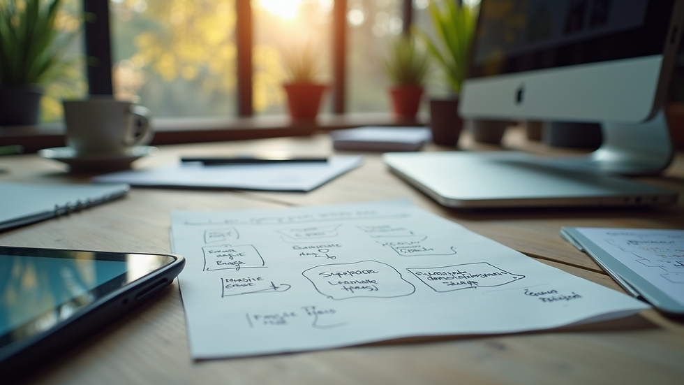 Vue en plongée d’un bureau avec ordinateur et notes de brainstorming sur le marketing narratif