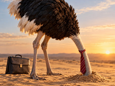 Vogel Strauß mit Krawatte und Aktentasche, der den Kopf in den Sand steckt.