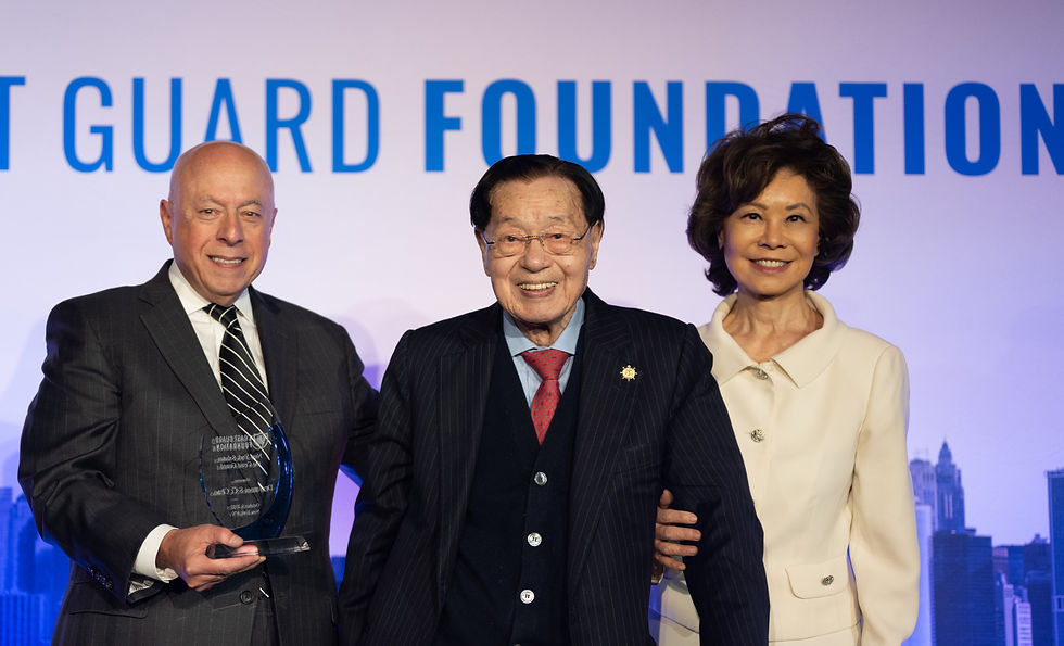 Dr. James S.C. Chao accepts the Coast Guard Foundation award from Coast Guard Foundation Chairman Tom Allegretti at the New York Salutes the Coast Guard event on October 9, 2025. Dr. Chao is accompanied by his daughter Elaine Chao.