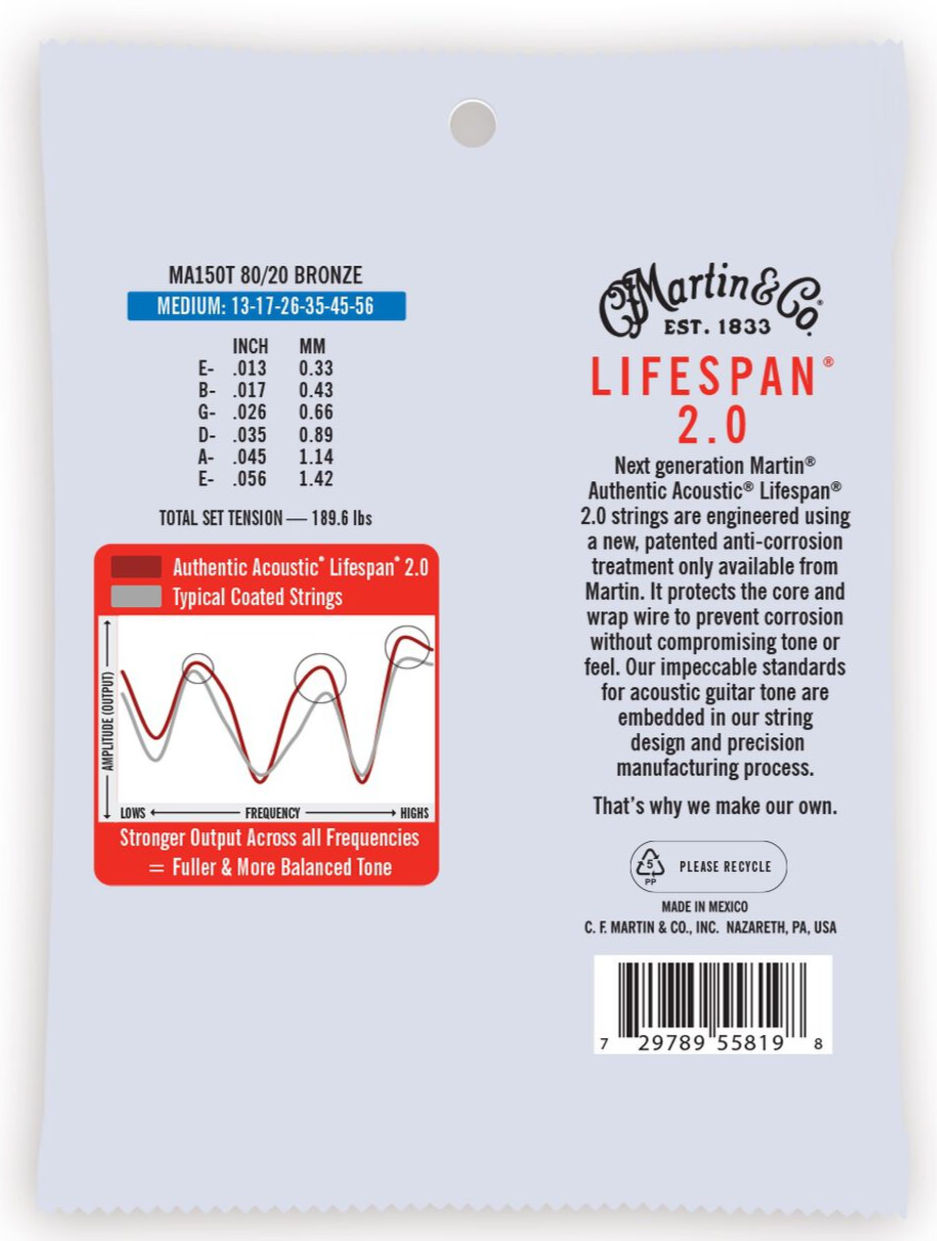 Martin Lifespan 2.0 80/20 Bronze 12-54 Light 80/20 bronze guitar strings