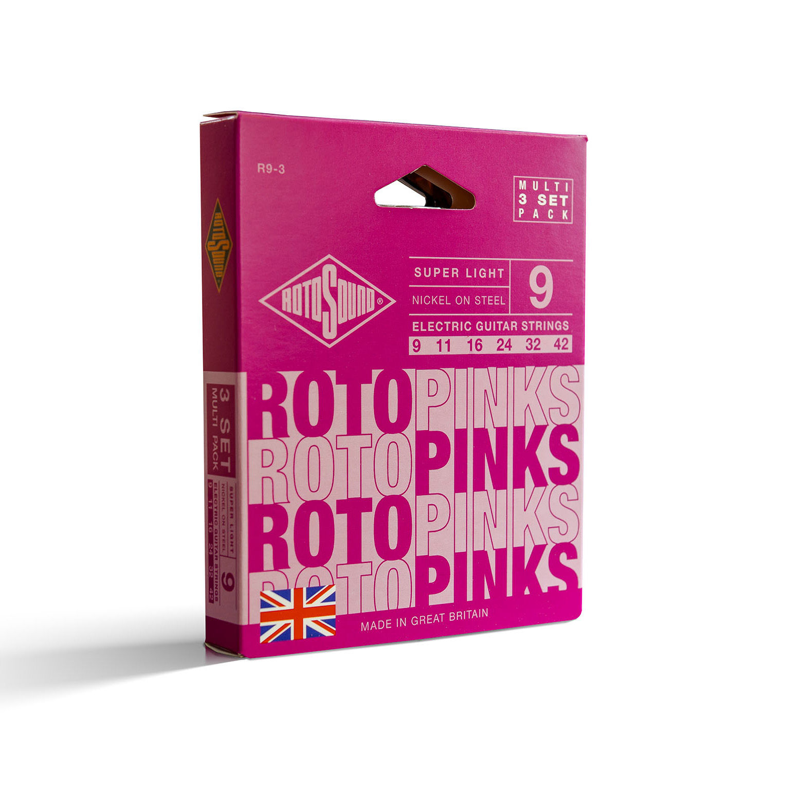 Rotosound 3 Pack R9 Pinks 9-42 electric guitar strings - from McCrerie Guitars