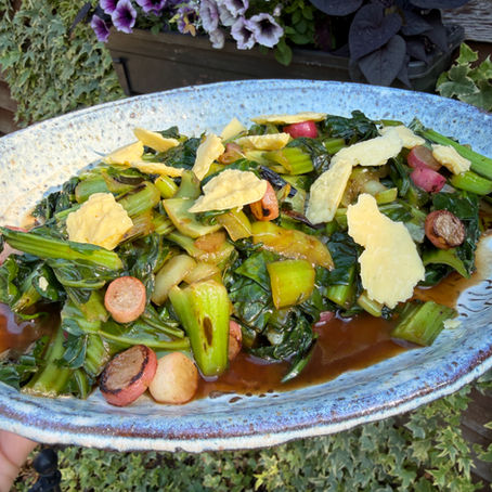 Sauteed Asian Greens with Black Garlic Vinaigrette & Herdman’s Cheese